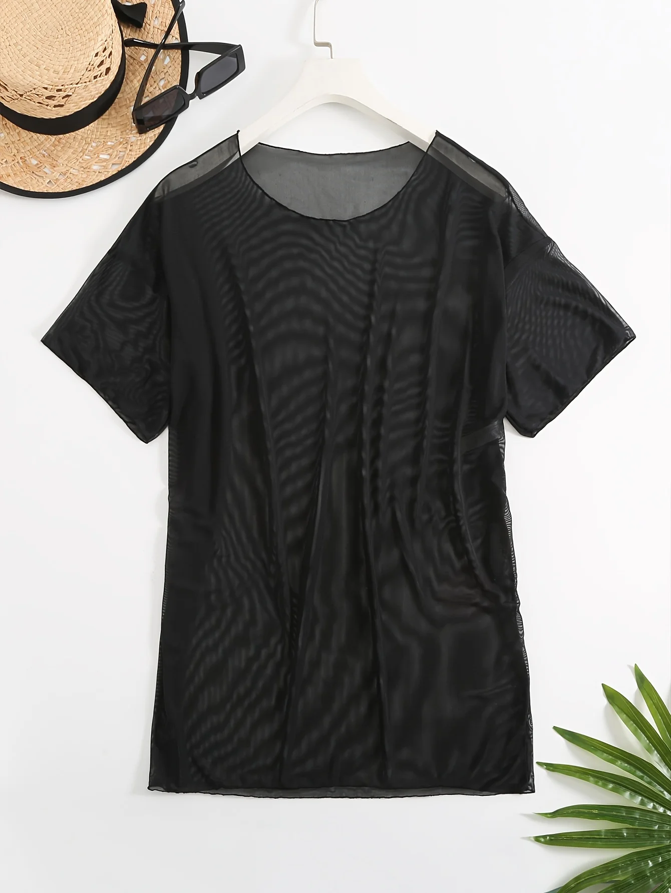 Women's Mesh Skirt Swimsuit Cover-Up, Single-Piece Swimsuit Top, Pure Black Sexy Beach Semi-Transparent Half-Sleeve Dress, Bikini Outerwear