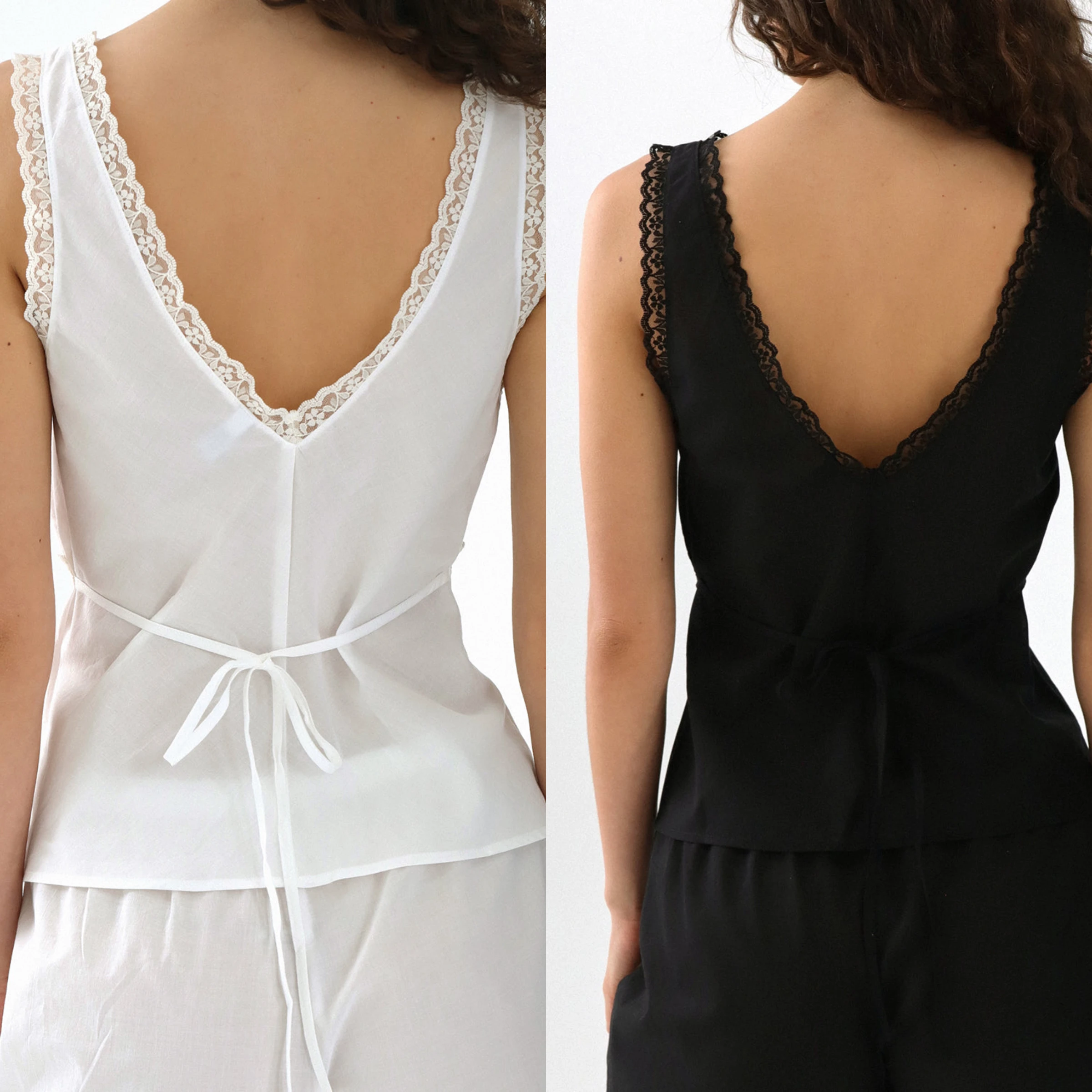 Cou Weißes, ärmelloses, sexy Spitzenbesatz-Tanktop mit breiten Trägern, schwarzes, lässiges Oberteil mit tiefem V-Ausschnitt, bequemes, rückenfreies Leibchen für zu Hause und im Freien, verstellbares Kordelzug-Design