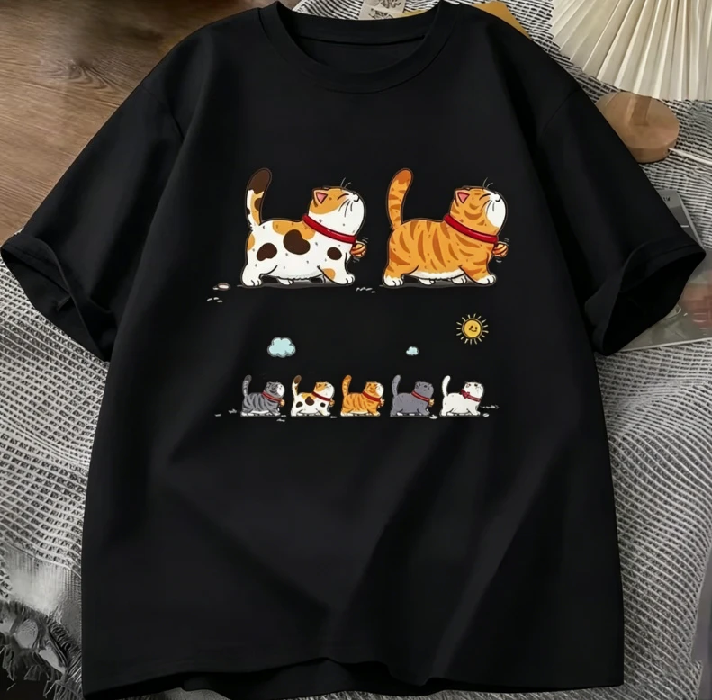 Korean Style Cute Cats Graphic T-shirt Short-sleeved Versatile Cartoon Kitten Print Casual Fashion Harajuku Kawaii Y2K Clothing