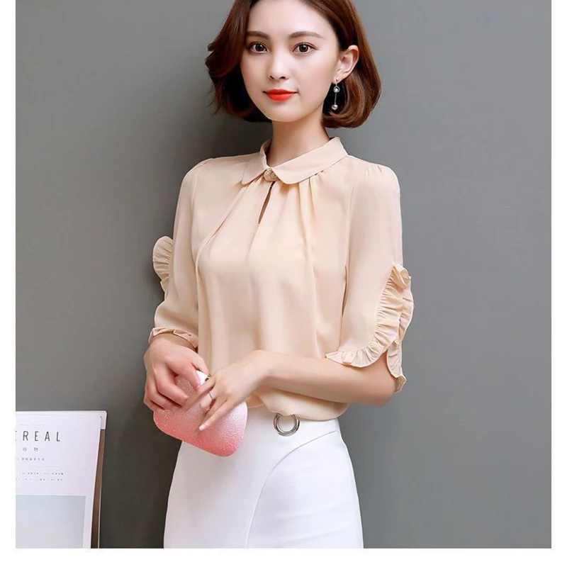 Women Summer Simplicity Loose Elegant Ruffles Solid Color Peter Pan Collar Short Sleeve Chiffon Shirts Ladies Casual Trend Tops