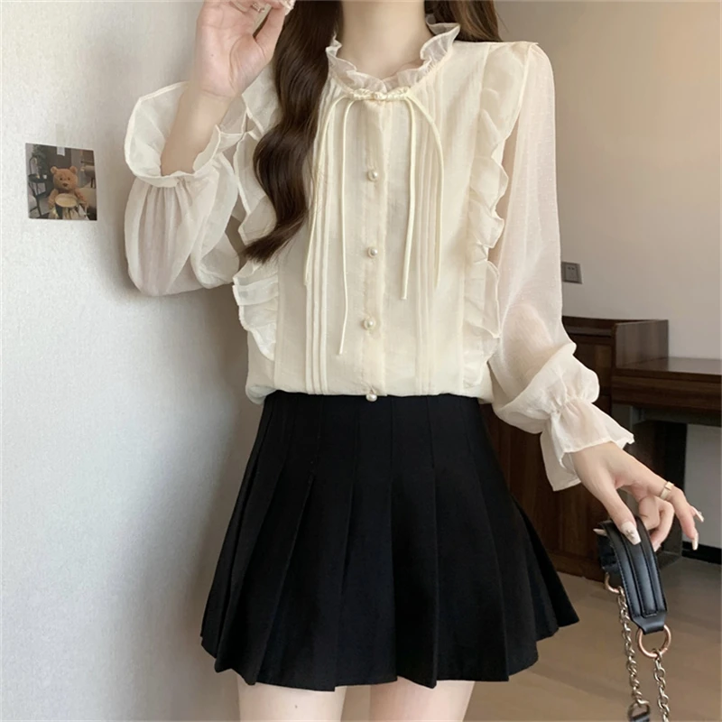 Women\'s Korean Fashion Ruffle Button Up Shirt Fairy Vintage Elegant Long Sleeve Blouse Female Casual Solid Loose Sweet Chic Tops