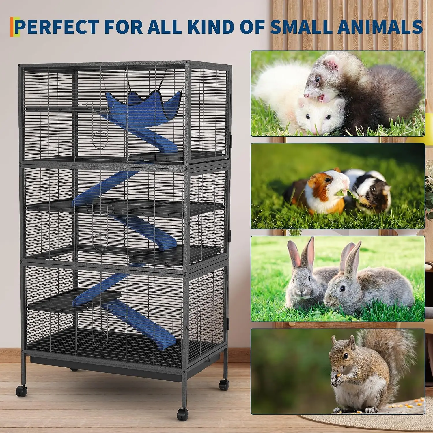 Cage à roulettes à 6 niveaux pour petits animaux – Habitat pour cochon d'Inde, furet, chinchilla et hamster avec rampes et plateau coulissant, 149 x 80 x 52 cm