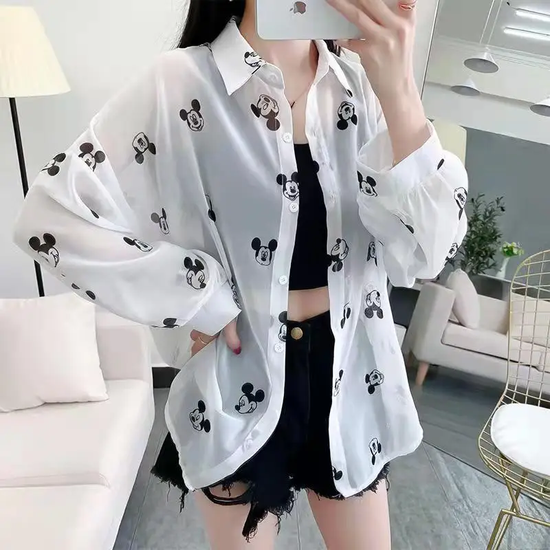 

Women's Summer Long Sve Ultra-Fairy Print Chiffon Sun Protection irt Breathable Thin Outerwear Korean Sle Collar