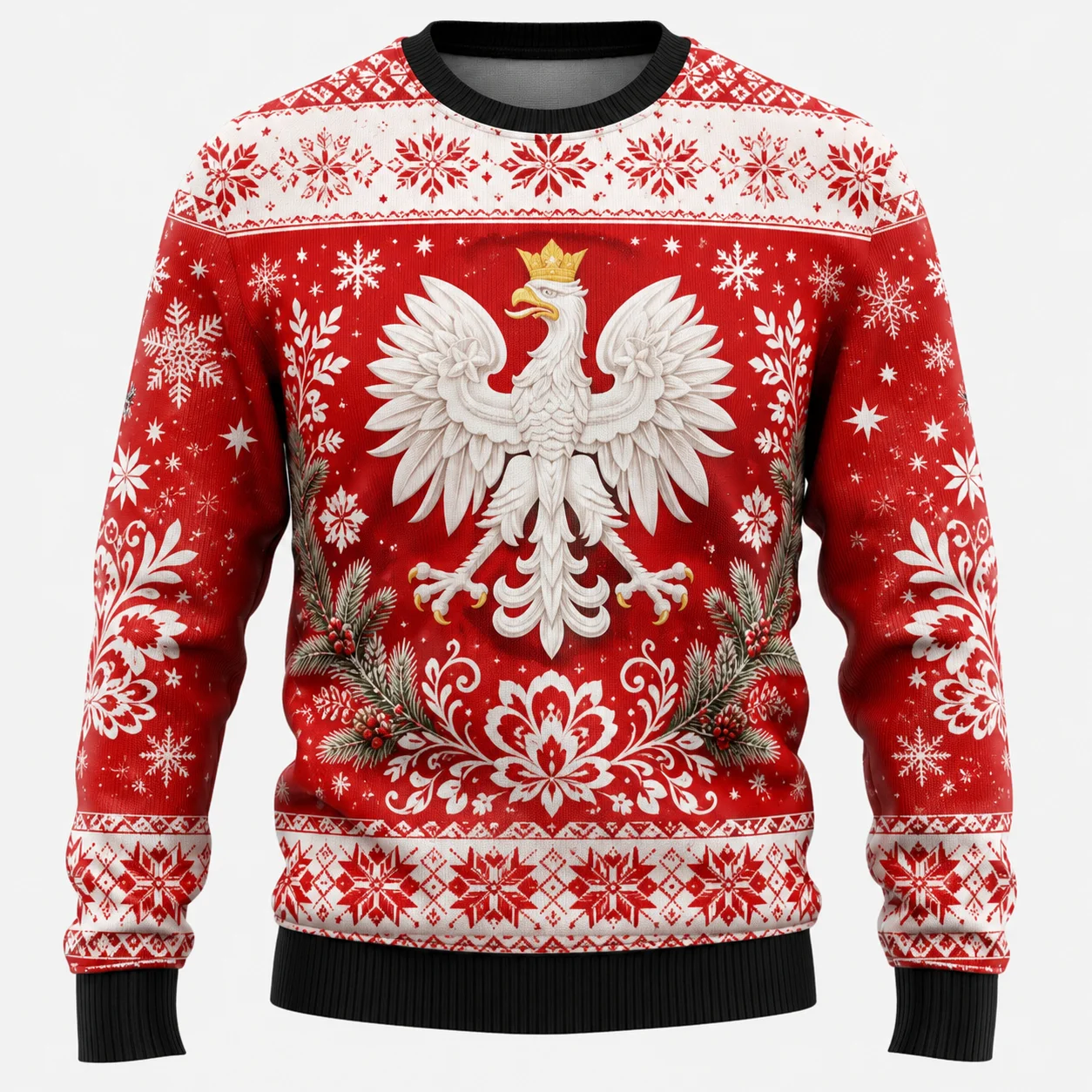 Poland Eagle Ugly Christmas Sweater 3D Print Red White Holiday Sweaters With Snowflake Pattern For Christmas Party Family