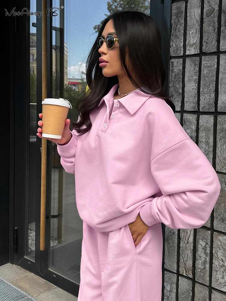 Mnealways18 Pink Sporty Knitwear Pants Sets Two Pieces Pullover Tops And Wide Legs Pants Two Pieces Outfits Autumn Winter 2024