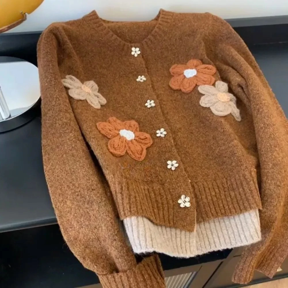 O Neck Lazy Panelled Knit Cardigan All-match Exquisite Literary Sweaters Neploe Loose Warm Jacquard Elegant Handmade Pull Femme