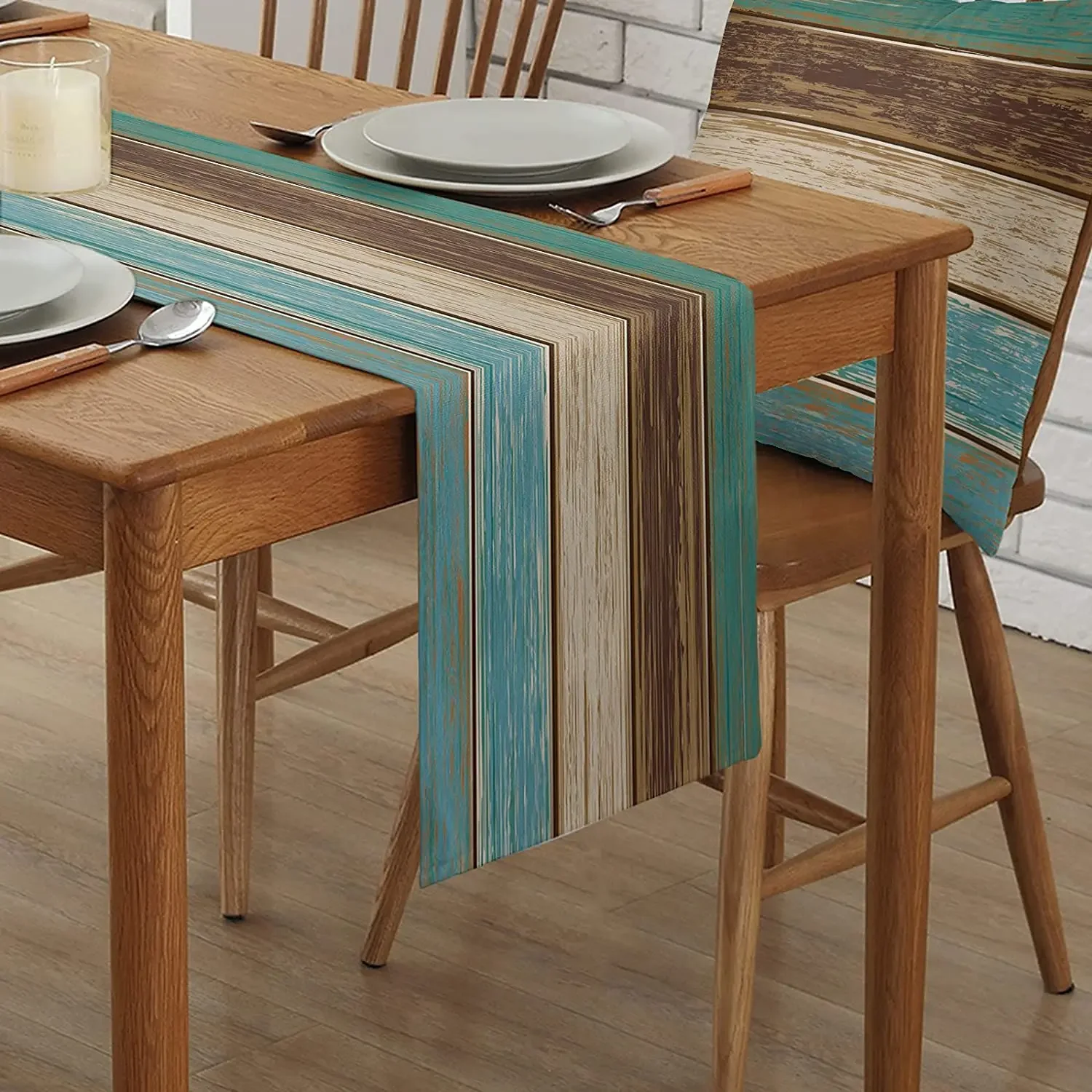 Turquoise Blue Green Wood Striped Linen Table Runners Dresser Scarves  Decor for Kitchen