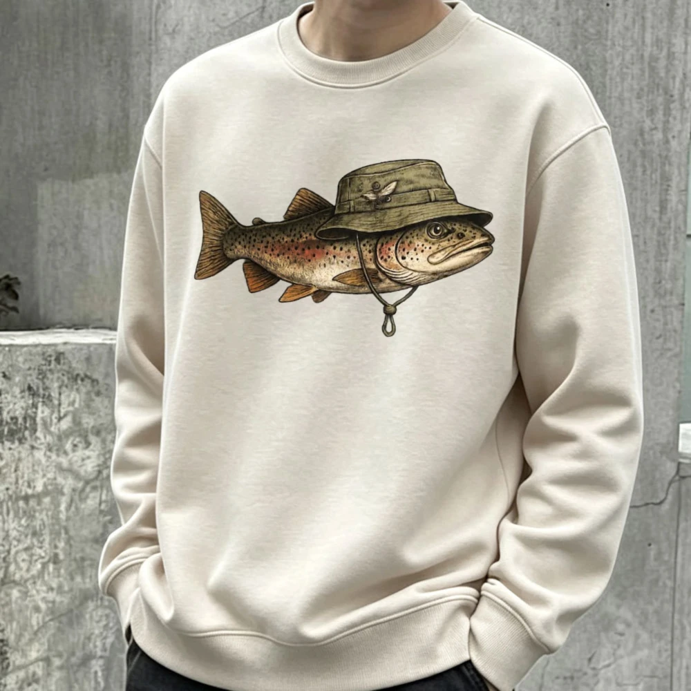 Vintage Trout with Fishing Bucket Hat Graphic Crewneck Sweatshirt Long Sleeve Pullover Casual Outdoor Fly Fishing Lover Gift Top