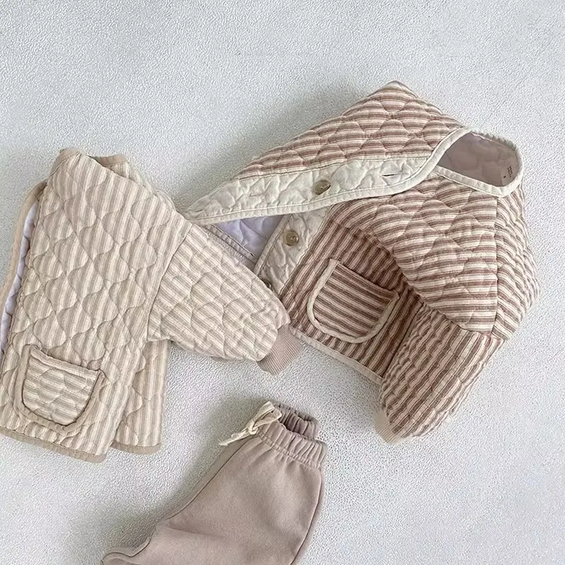 Autumn Winter Boys Girls Cotton Padded Parka Children Warm Quilted Coat Korean New Baby Kids Vintage Rhombus Double Layer Jacket