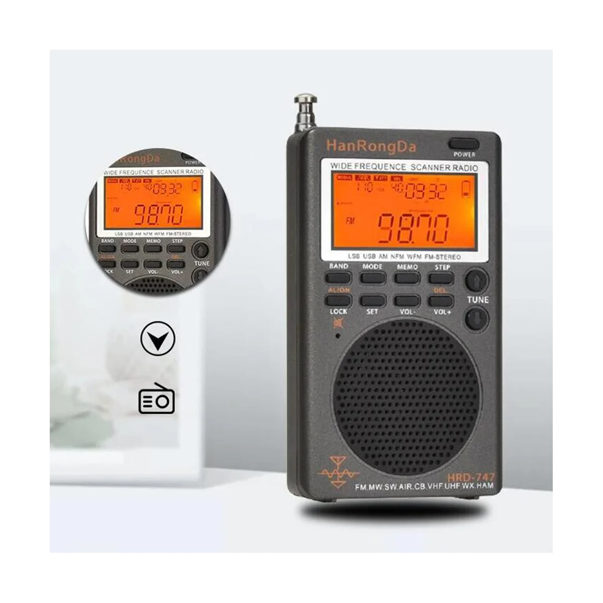 HanRongDa HRD-747 Portable Multiband Radio FM/MW/SW/SSB/LSB/AIR/CB/VHF/UHF/UBD/WX Full-Band Mini Stereo Radio Receiver