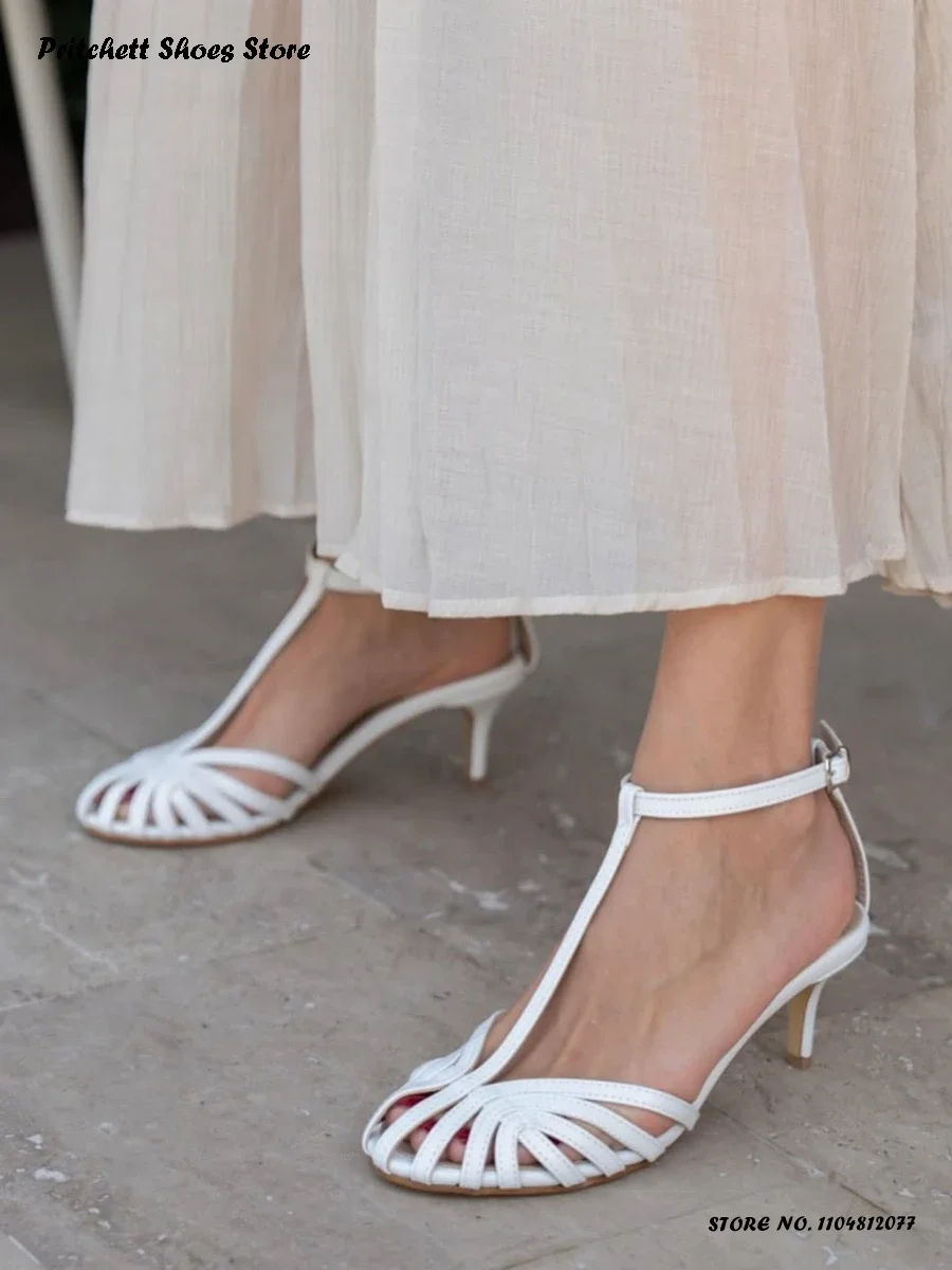 صنادل نسائية بكعب متوسط معدني على شكل حرف T أنيقة مستديرة بمقدمة محبوس وكعب رفيع أحذية للربيع والصيف بحزام بإبزيم أحذية مكتبية