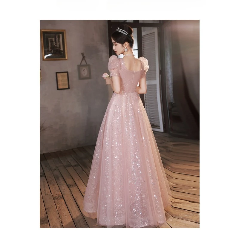 Vestido de noite rosa para mulheres 2025, primavera, novo estilo, banquete, reunião anual francesa, exame de arte, vestido de reunião anual na moda