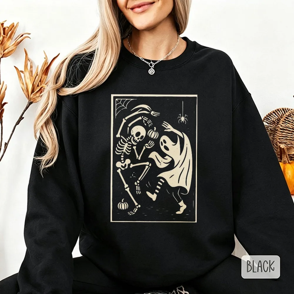 Tanzender Skelett-Geist Halloween-Sweatshirt Unisex Trendige Kapuzenpullover Vintage-Holzschnitt Lässige Oberteile Halloween Spooky Season Pullover