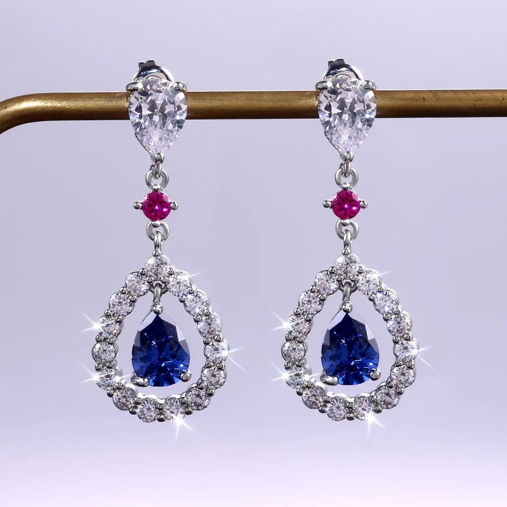 Luxury Female Blue/PInk Water Drop Earrings Fashion  Sterling Plate Zircon Stone Earrings Long Tassel Earrings For Women
