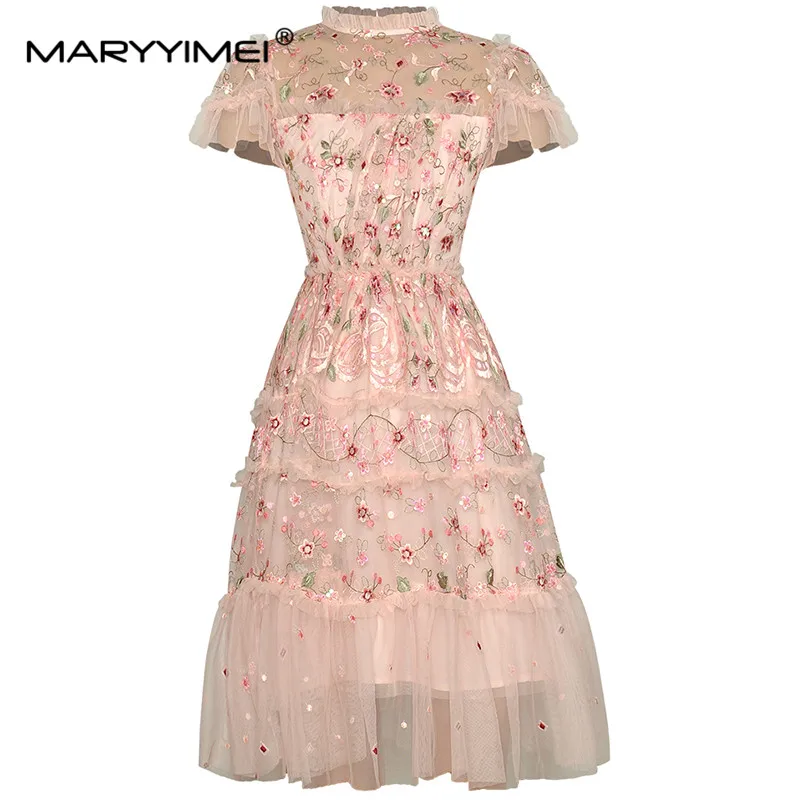 

MARYYIMEI Fashion Runway dress Summer Women's Dress Short sleeve Elegant Flowers Embroidered Mesh Holiday Party Vintage Dresses