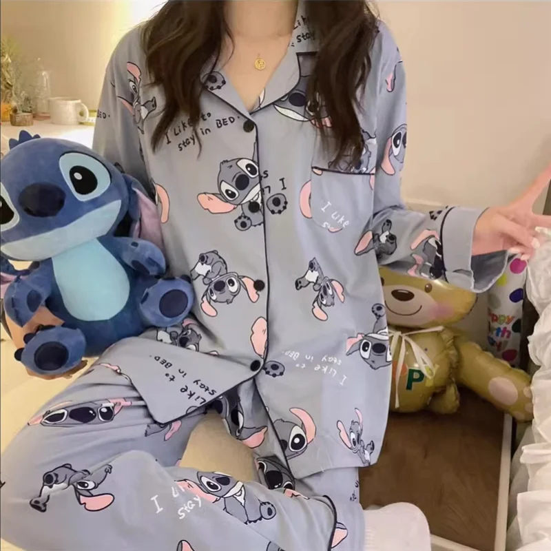 Miniso Stitch Cartoon Pajamas Spring and Autumn Long Sleeve Two Piece Set Home Clothes Can Be Worn Outside Gifts for Boys Girls