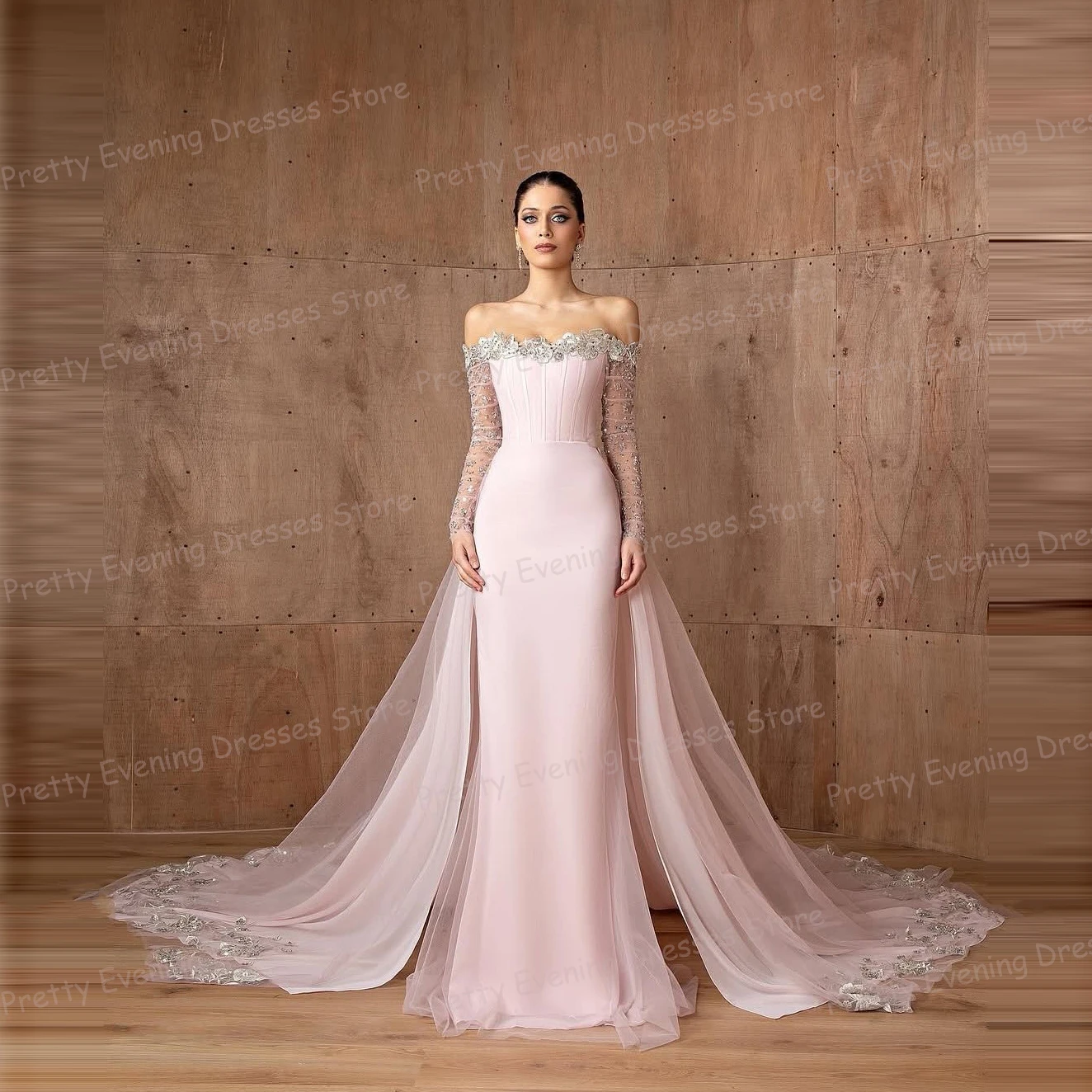 Simple Lace Evening Dresses Woman's Mermaid Prom Gowns Sexy Shiny Long Sleeve Sequined Sweep Train Customized Vestidos De Novia
