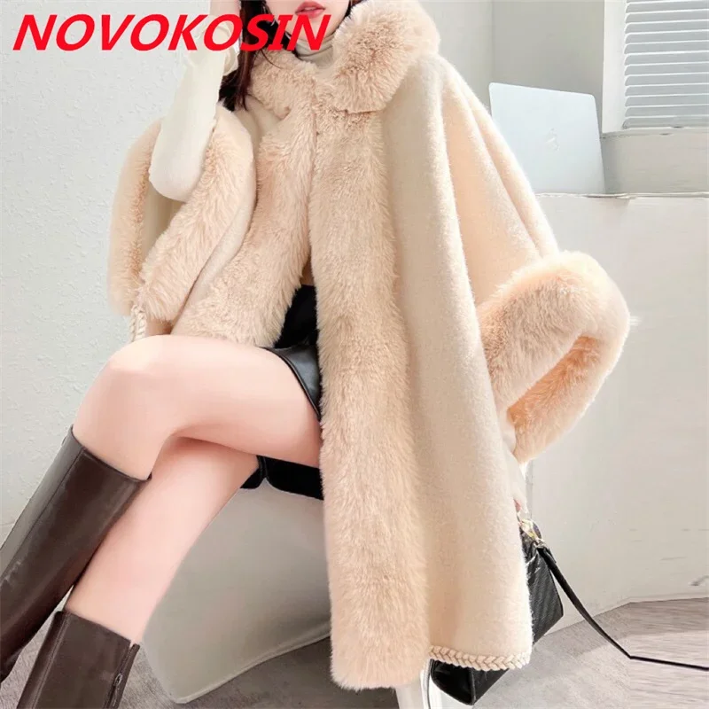 

Women Batwing Sleeves Cardigan Woolen Overcoat Velvet Warm Fur Collar Cloak Winter Thicken Long Poncho Loose Coat With Hat