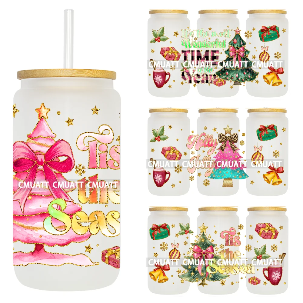 Colorful Faux Glitter Christmas Tree Coquette Bow Tis The Season Holly Jolly UV DTF Stickers Cup Wraps For 16OZ Libbey Glass Can