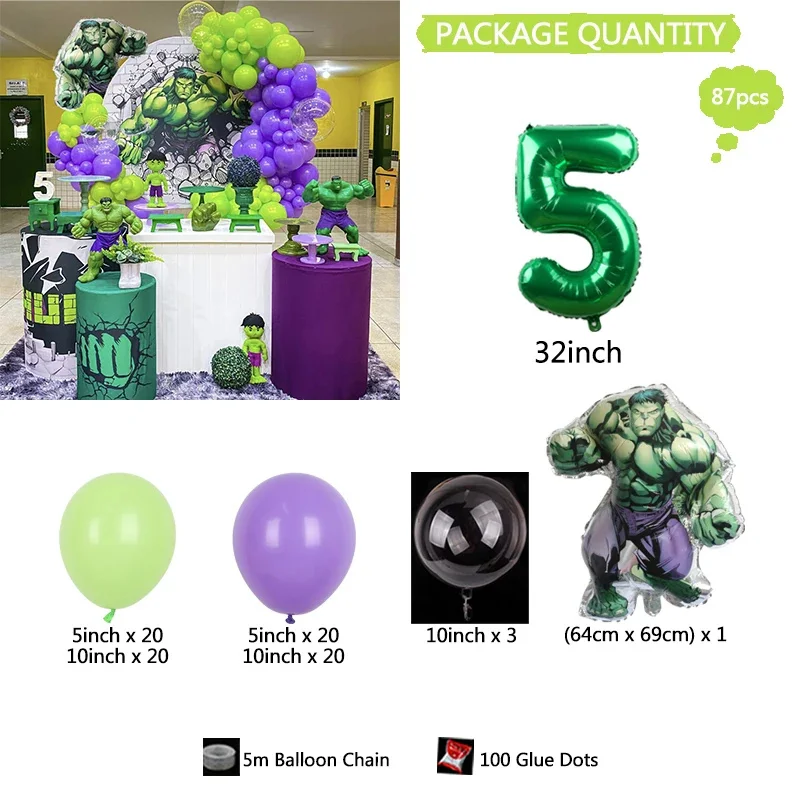 87Pcs Disney Incredible Hulk Theme Balloon Kit Green Number 1-9th Foil Ball Boy Birthday Baby Shower Party Decoration Supplies