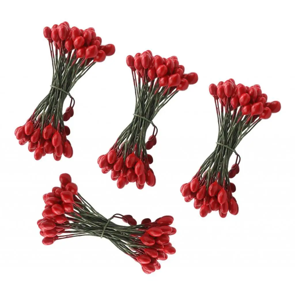 Artificial Berries with Double Head, 2-6 Pieces, 200 Pieces, for Crafts, Red