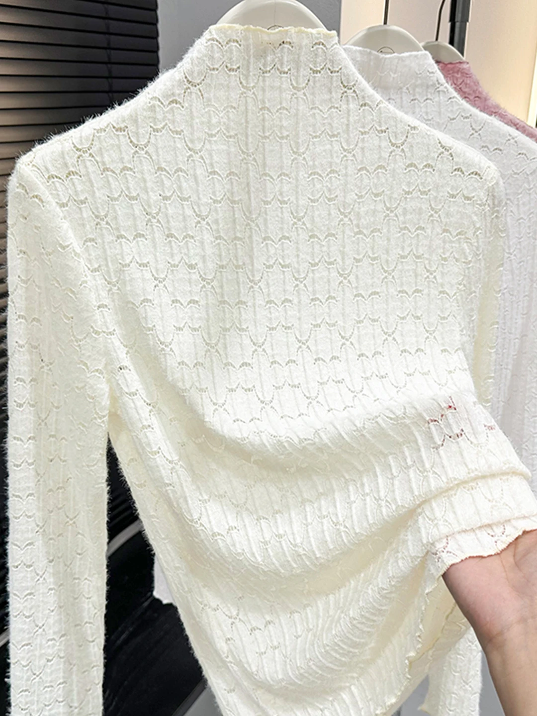 

Sexy Lace Sweater Overlap Long Sleeve Half High Collar Base Shirt Lady Fashionable Tassel Autumn Winter Inner Wear Polyester ...