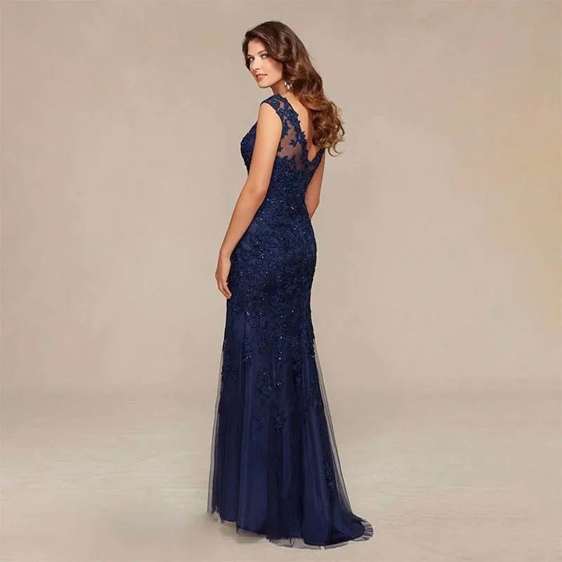 Elegant  Blue Mother Of The Bride Dresses Mermaid Beaded Lace Groom Long Sleeve Evening Dresses For Wedding