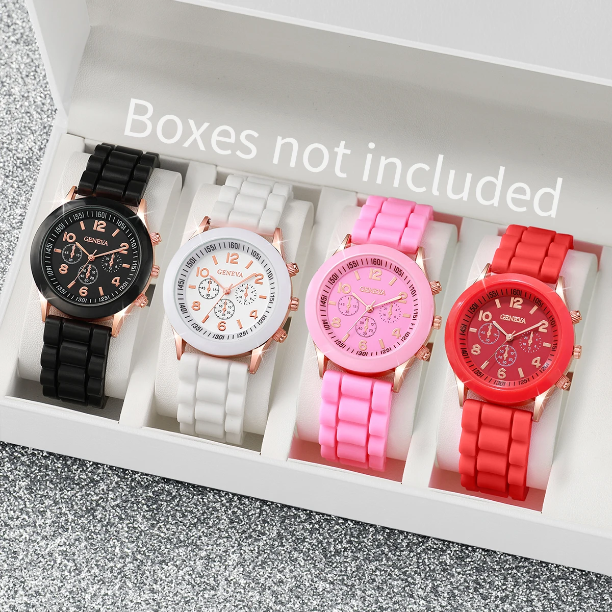 4 件套 Women Silicone Watch White Pink Red Black Colors Quartz Watch Set