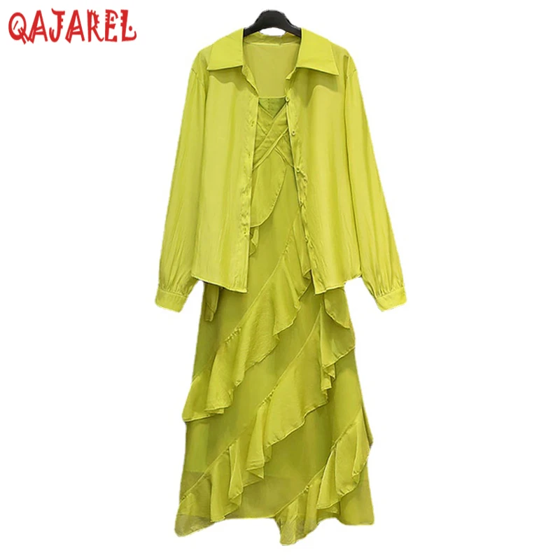 

Women Korean Chic Elegant Casual Two Piece Sets 2024 Summer Green Long Sleeve Polo Collar Shirts+Green Ruffled Sling Dress Sets