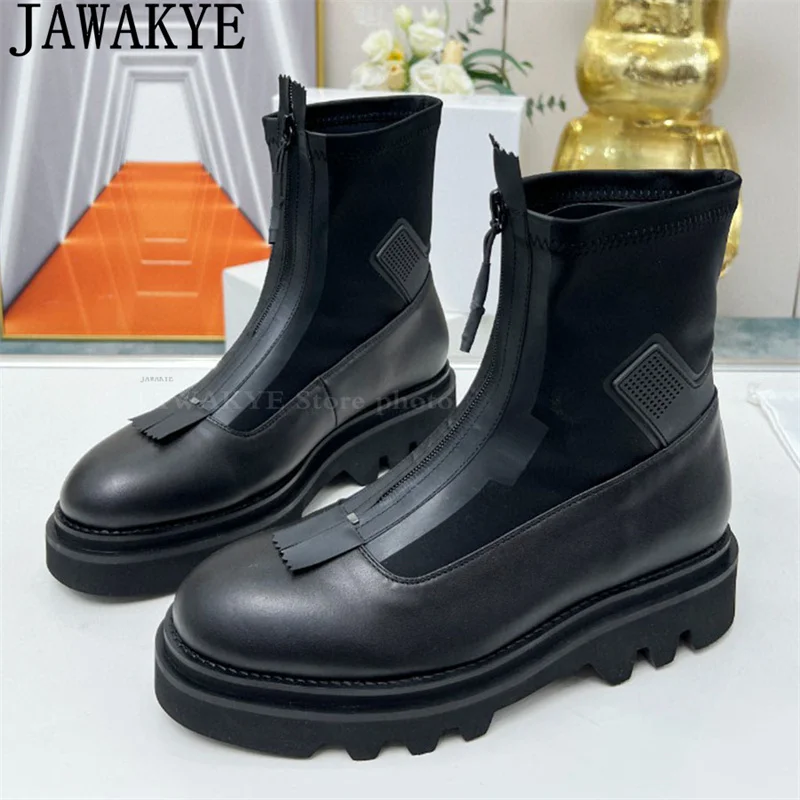 Front Zipper Design Round Toe Thick Bottom Punk Boots Women Real Leather Platform Ankle Boots Winter Fashion Motorcycle Boots