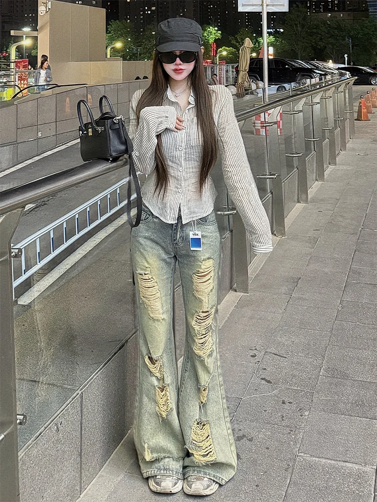 Retro Retro Distressed Bell Bottom Jeans Women Slim Fit High Waist Denim Pants Casual Floor Length Trousers Korean Style Wear Resis... - Aliexpress Deal