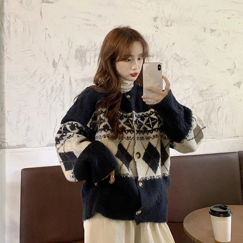 Zoki Korean Patchwork Cardigan Sweaters Women Lazy Wind Vintage Argyle Long Sleeve Knitted Coat Casual O Neck Female Print Tops