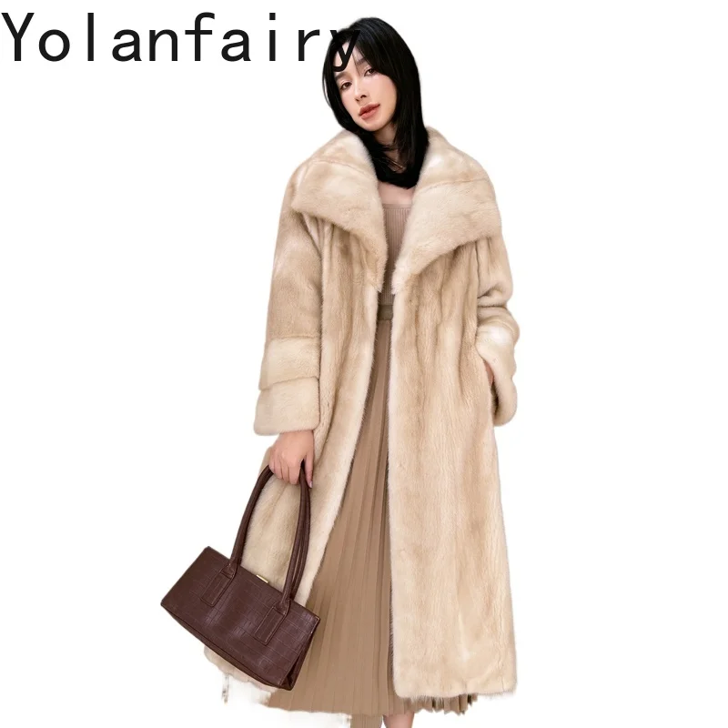 YOLANFAIRY Prawdziwy Futrzany Płaszcz Damski Luksusowy Zimowy Naturalny Futro z Norek Kurtka Damska Odzież Szalowy Kołnierz Długie Płaszcze Futrzane Odzież Wierzchnia