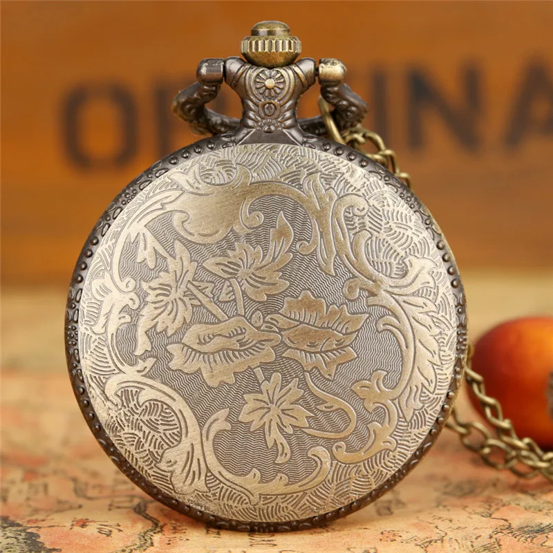 Old Fashion Hollow-Out Tree Cover Half Hunter Quartz Analog Pocket Watch with Sweater Necklace Chain Pendant Accessory Gift