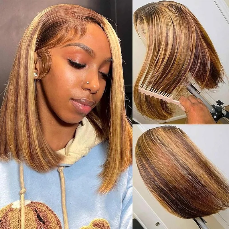 

Pre Cut 6x4 Bob Wig Human Hair Highlight Lace Wigs Ready To Wear 4/27 Glueless Wigs Human Hair Pre Plucked with Baby Hair