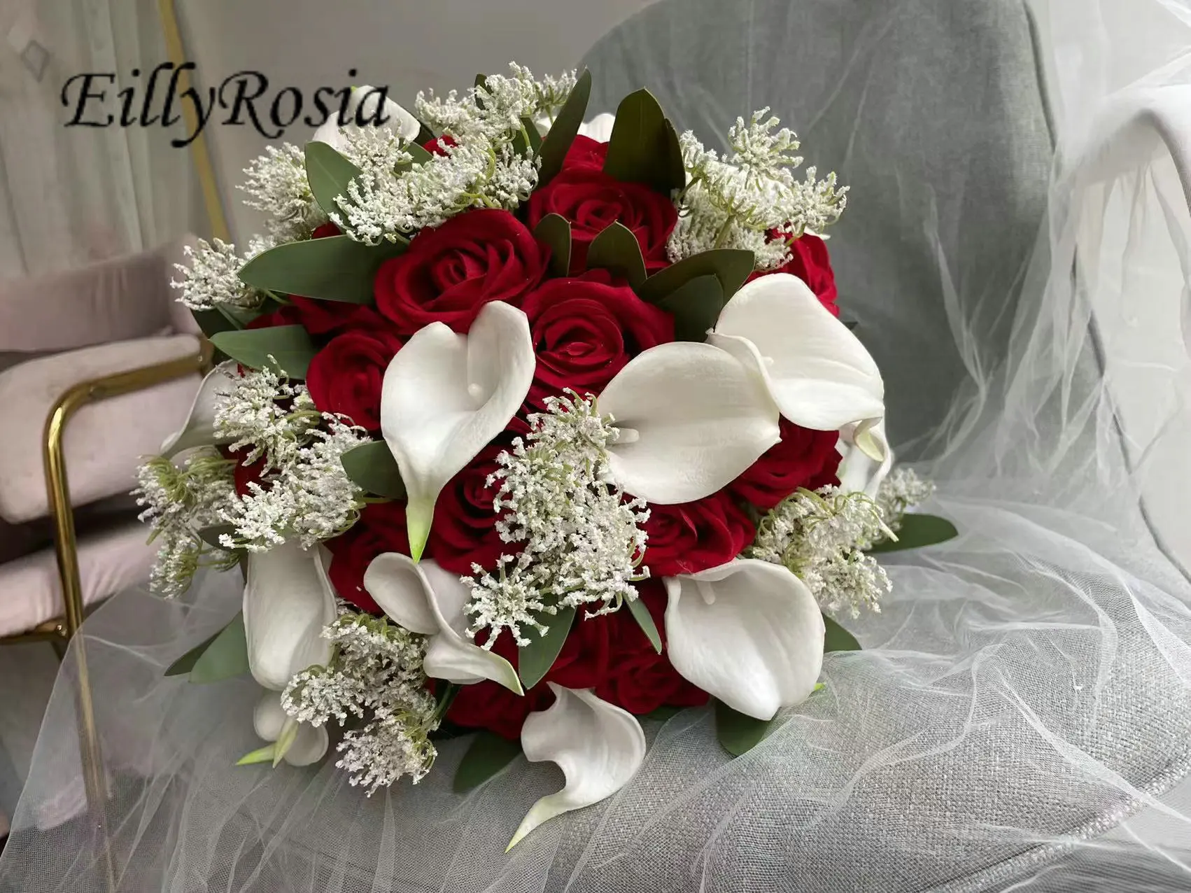 Eillyrosia Wit En Rood Bruidsboeket Calla Lelie Rozen Greenary Eucalyptus Blad Ronde Bruidsmeisje Bedrijf Bloemen Kunstmatige