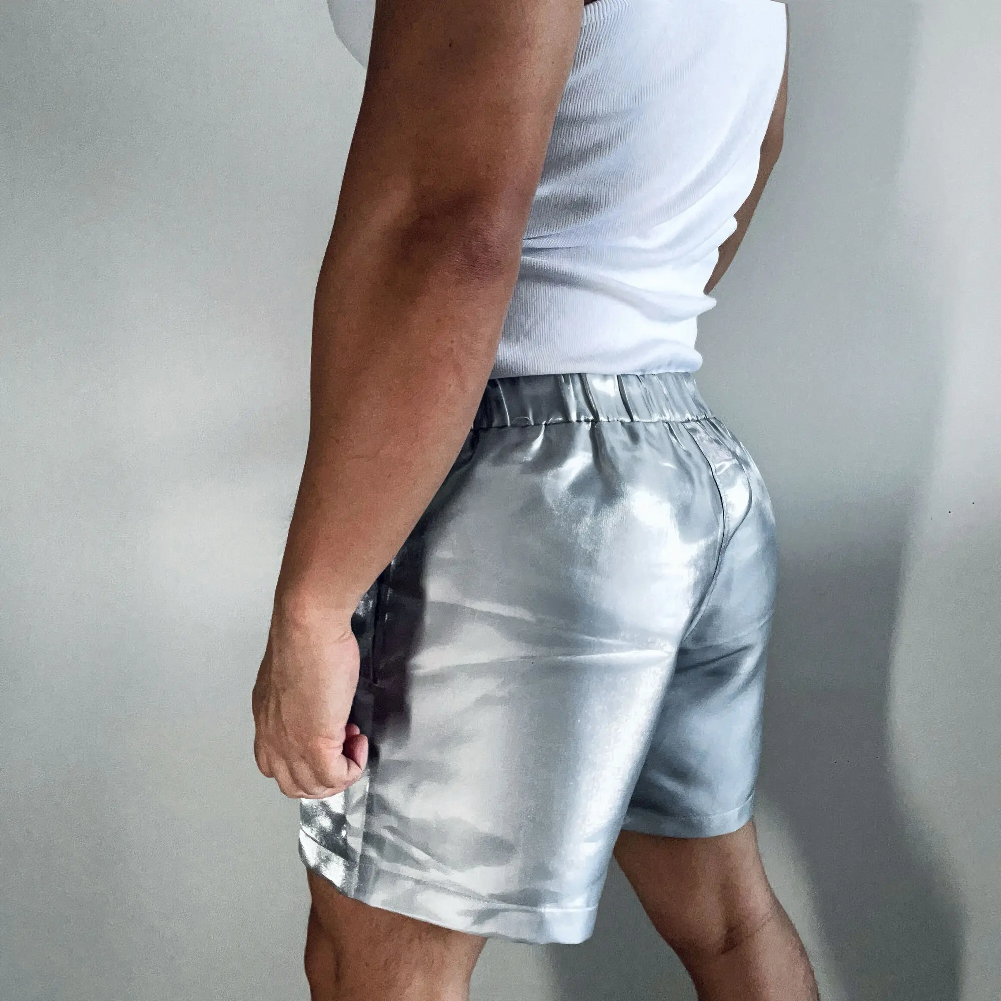 Metal Silver Glossy Pockets Men\'s Shorts Outdoor Fitness Male Plus Size Casual Party Club Bottoms Streetwear