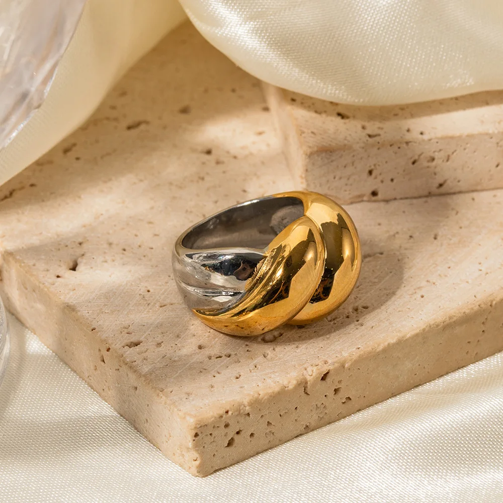Stainless Steel PVD 18K Gold Plated Tarnish Waterproof Double Color Twist Rings For Woman Jewelry Wholesale Trendy