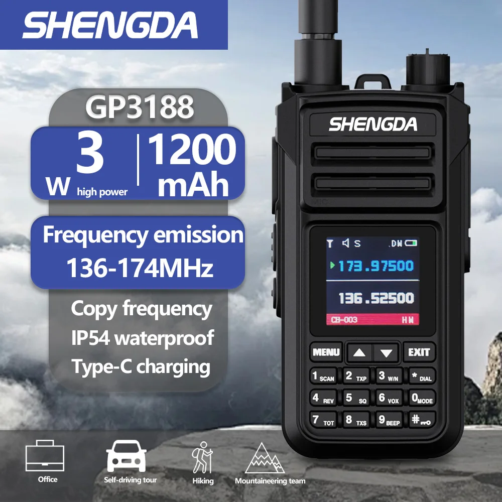 SHENGDA GP3188 Walkie-Talkie 10w One Key Frequency Matching Channel Scan UHF/VHF 4-Band LCD Display Large Capacity Battery
