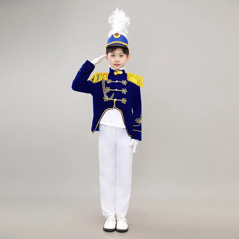 Kids Honor Guard Trumpet Team Costume Soldier Uniform Hat Honor Guard Uniform-Primary and Secondary School Student Drum Uniforms