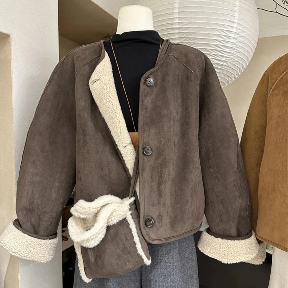 Women's Korean Faux Suede Short Coat Cotton-padded Thickened Warm Soft Jacket Top Overcoat Winter Preppy Office Commuter Outfits