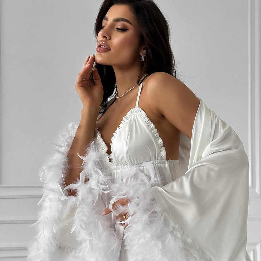 Hiloc Solid Luxury Women'S Nightdress 2-Piece Suit Ruffled Spaghetti Strap Short Dress Loose Tatting Feathers Sleeping Robe 2025 3