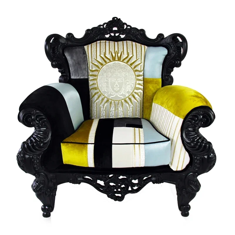New living room neoclassical European solid wood carving fabric contrasting color single sofa chair, clubhouse villa leisure