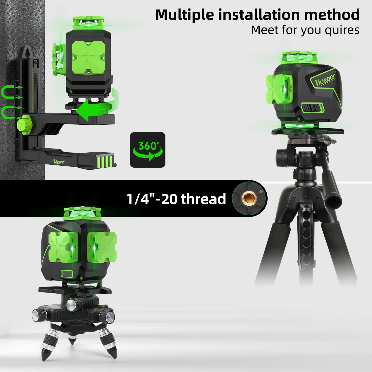 Huepar S04CG-LC Set 16 Lines Laser Level With Detector Tripod 4D Self-leveling Cross Line Green Level Tiling Floor Laser Tools