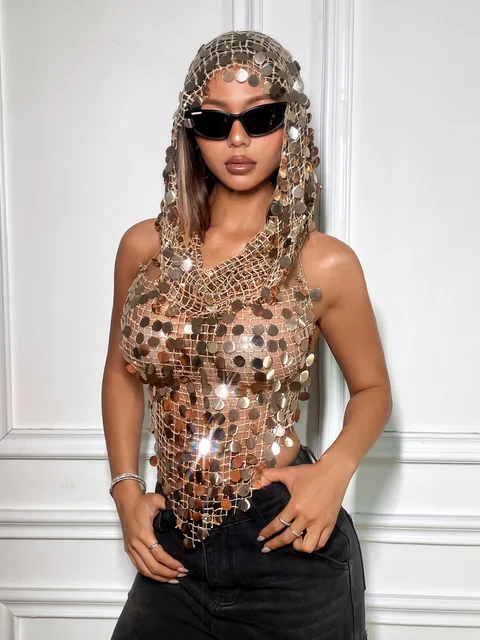 Damski akrylowy cekinowy podkoszulek z kapeluszem 2-częściowy zestaw Sexy Hollow Out See Through Backless Camisole Rave Festival Party Crop Top New