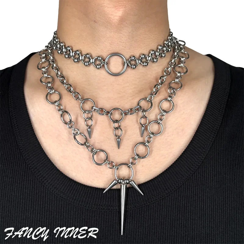 

2025 New Punk Necklace Metal Chain Rivets Stainless Steel Beaded Cool Unisex Choker Neck Accessaries for Women Men Jewelry Set