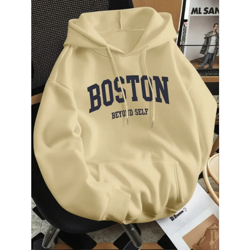 

Винтажная толстовка с графическим принтом Boston Letter, однотонная повседневная толстовка с капюшоном и длинными рукавами