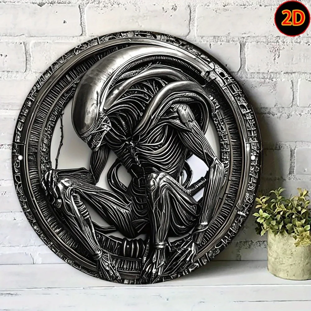 Vintage Alien Round Metal Sign Retro Space Wall Art 20x20cm Living Room Decor
