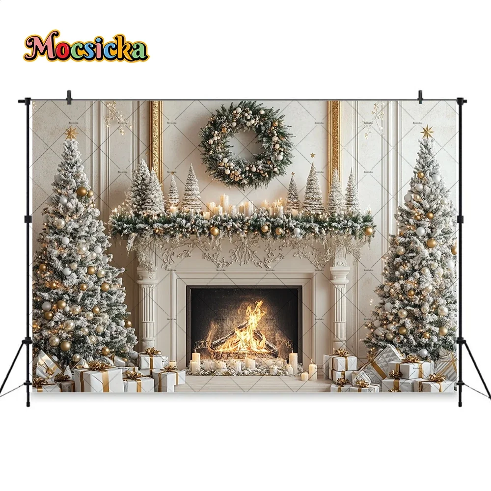 Retro White Fireplace Background Photography Cozy Christmas Room Xmas Tree Wreath Candle Backdrop Child Birthday Gift Booth Prop