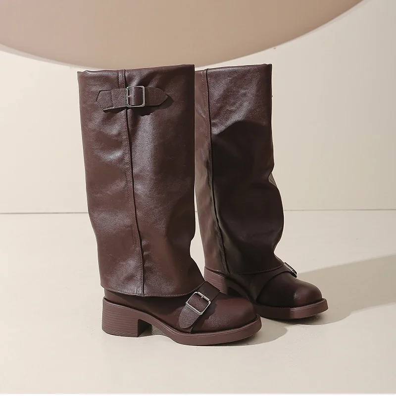 Vintage Starke Ferse Frauen Kniehohe Stiefel Mode Damen Gürtel Schnalle Ritter Lange Booties Botas De Inverno Feminina – Detail 24
